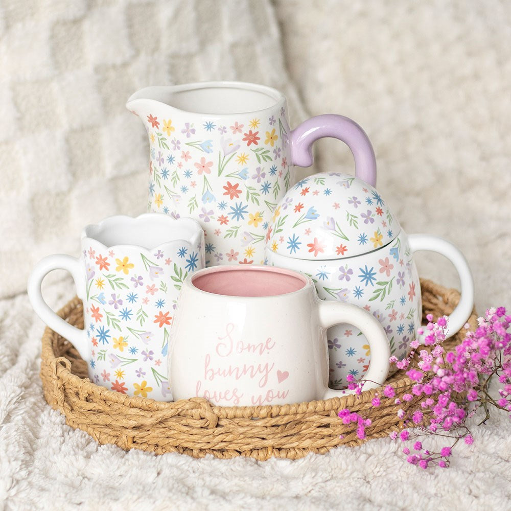 Floral print scalloped mug by Shabbyquins featuring vibrant flowers and elegant scalloped edges on a white background.