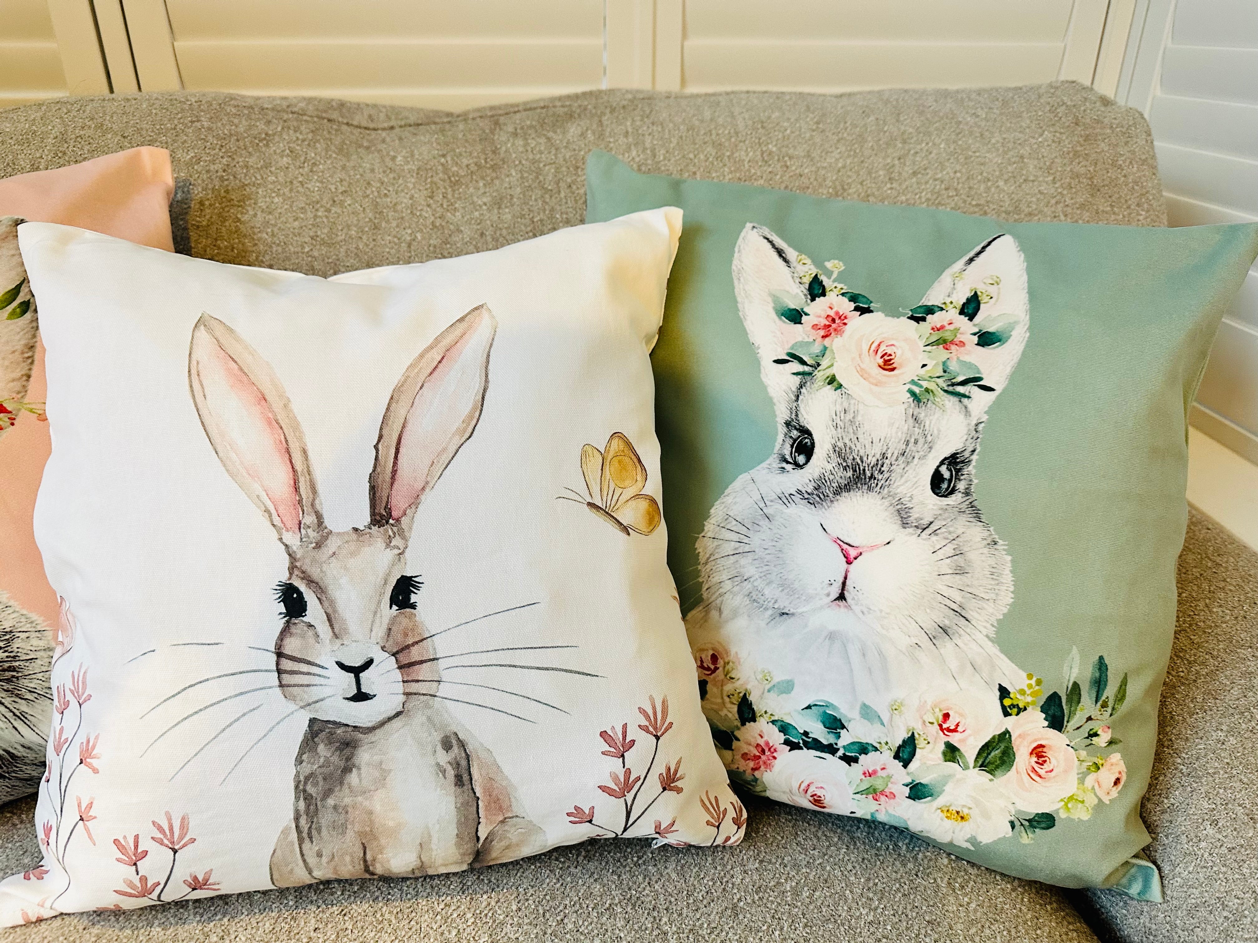 Shabbyquins Easter Bunny Cushion in three styles, soft fabric with bunny design, perfect for spring home decor.