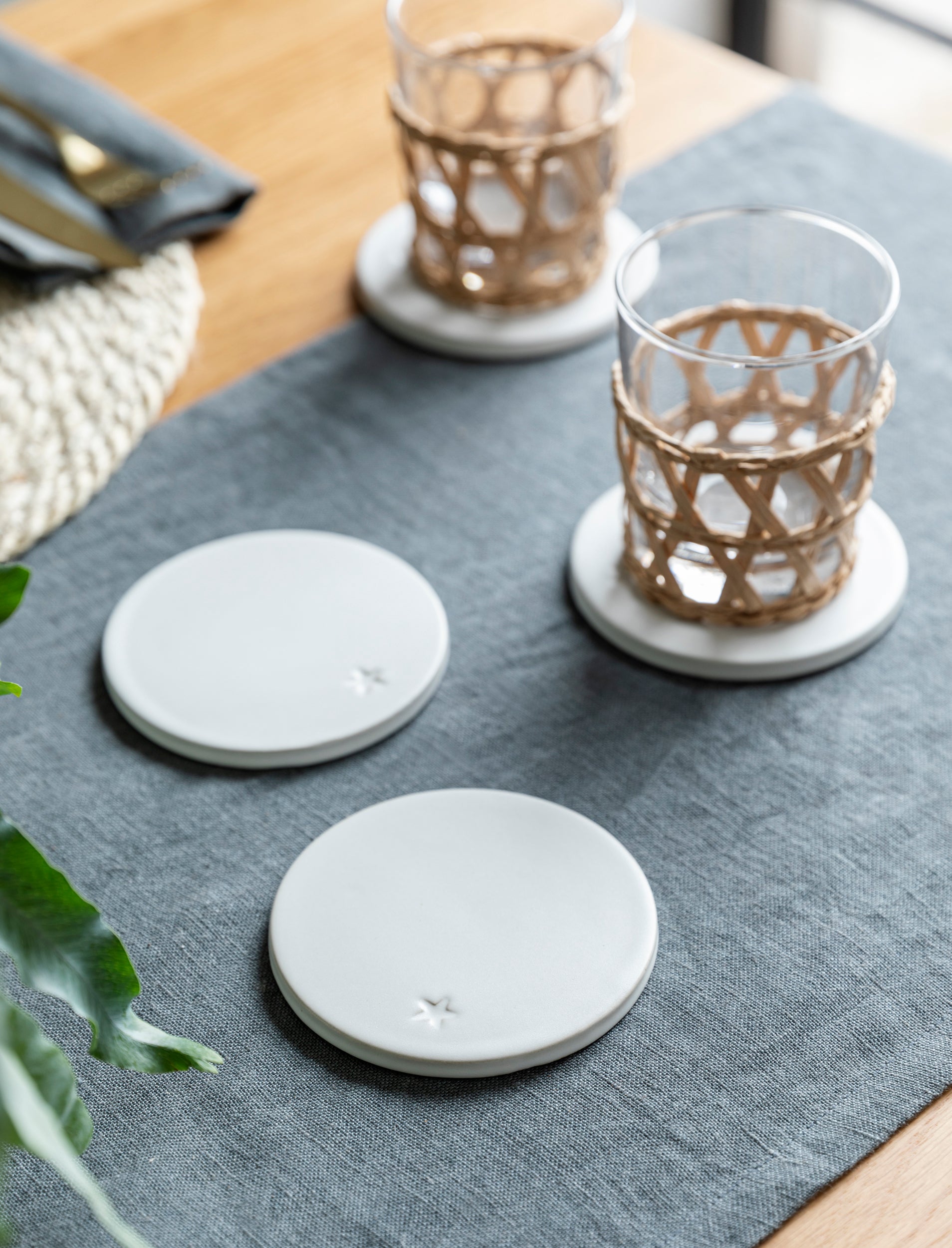 Round White Ceramic Coasters with Star, Set of 4
