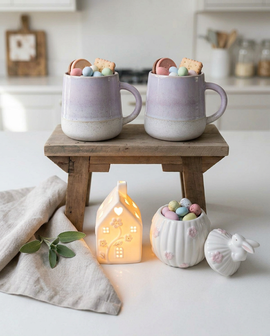 Shabbyquins Cozy Easter Evening Mug and Glow Set with whimsical pastel designs and a glowing Easter-themed mug and accessories.