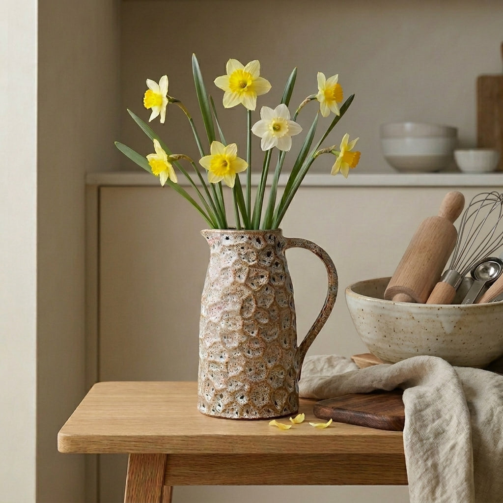 Brown speckled stoneware crater vase by Shabbyquins, featuring a textured, rounded shape ideal for rustic or cozy kitchen decor.