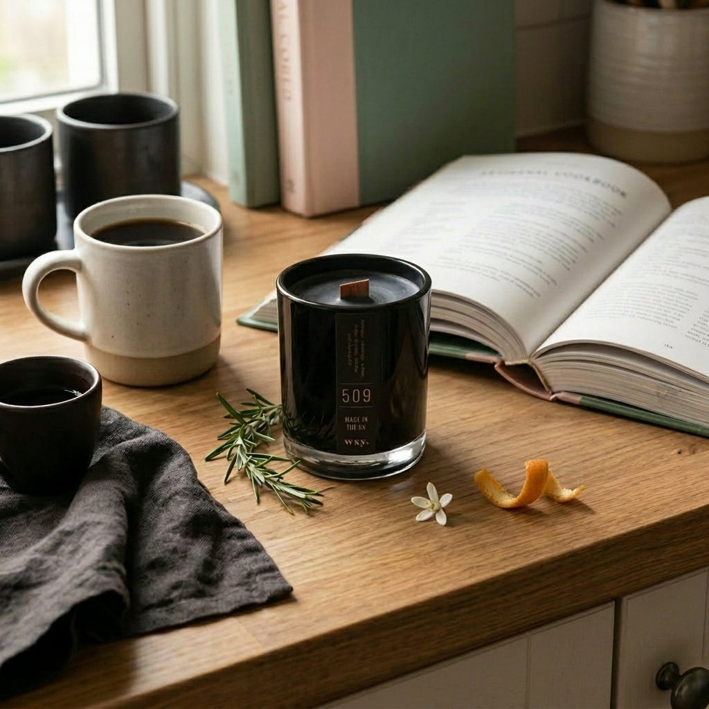 Sable Homeware luxury candle holder with Create Your Perfect Mood Effortlessly candle and room spray for cozy ambiance.