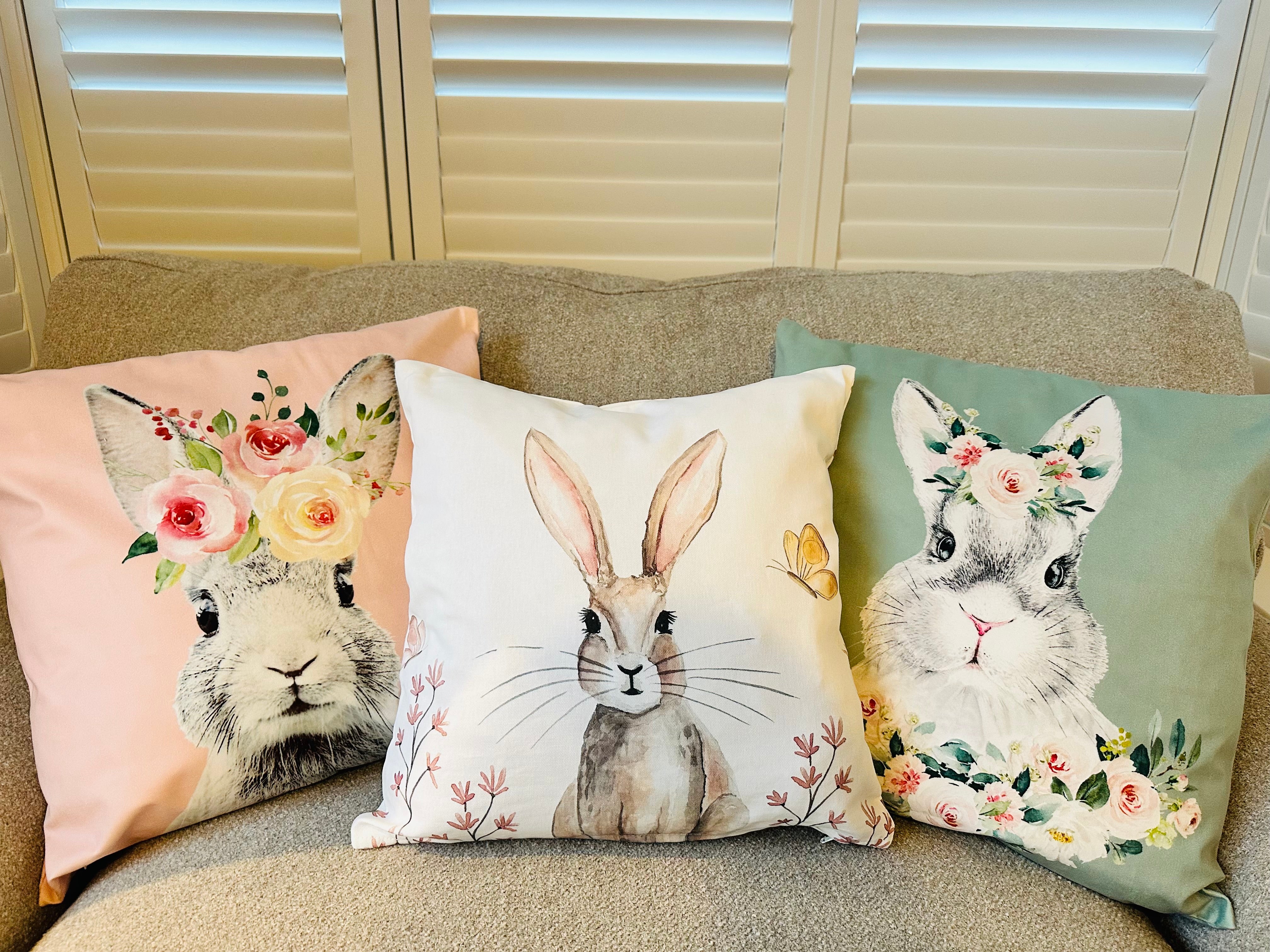 Shabbyquins Easter Bunny Cushion in three styles, soft fabric with bunny design, perfect for spring home decor.