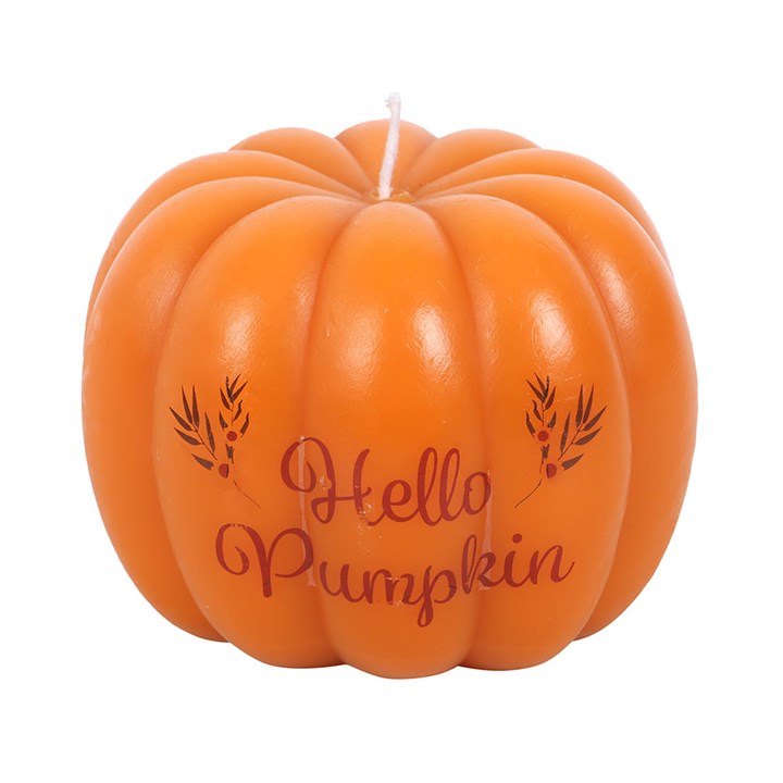 Hello Pumpkin shaped candle by Sable Homeware, featuring a warm pumpkin design with a flickering flame inside.