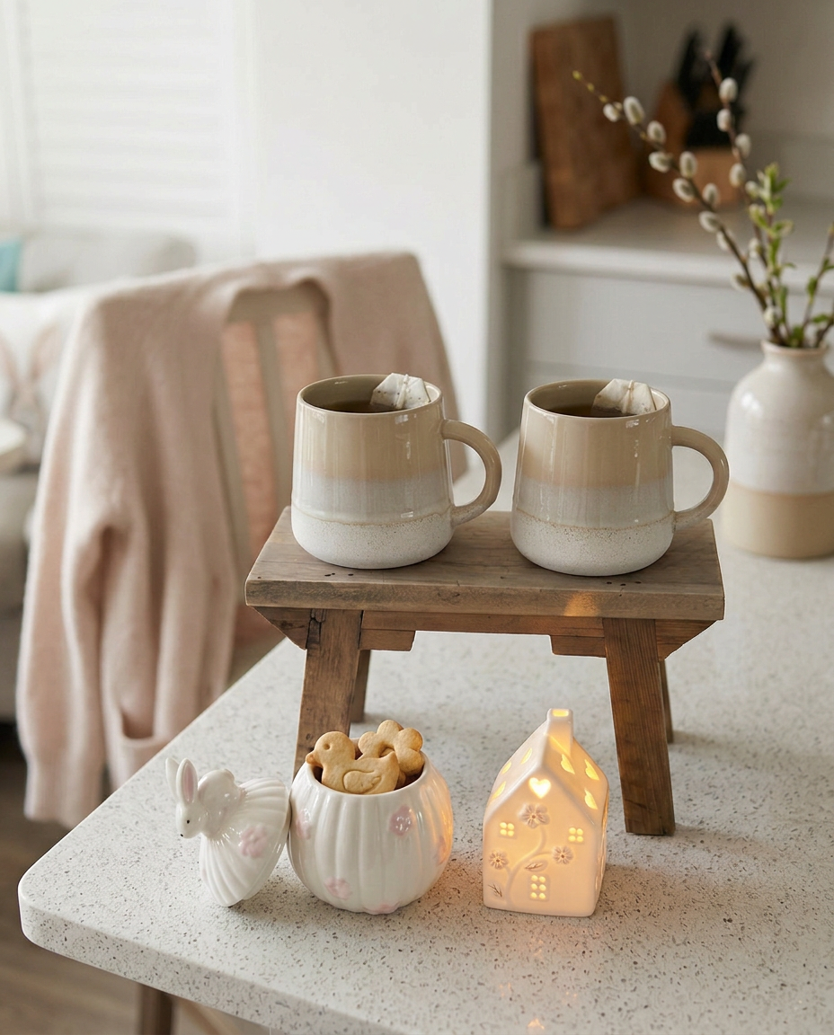 Sable Homeware Cosy Easter Evening Mug and Glow Set featuring whimsical Easter-themed designs on ceramic mug and soft glow accessories.