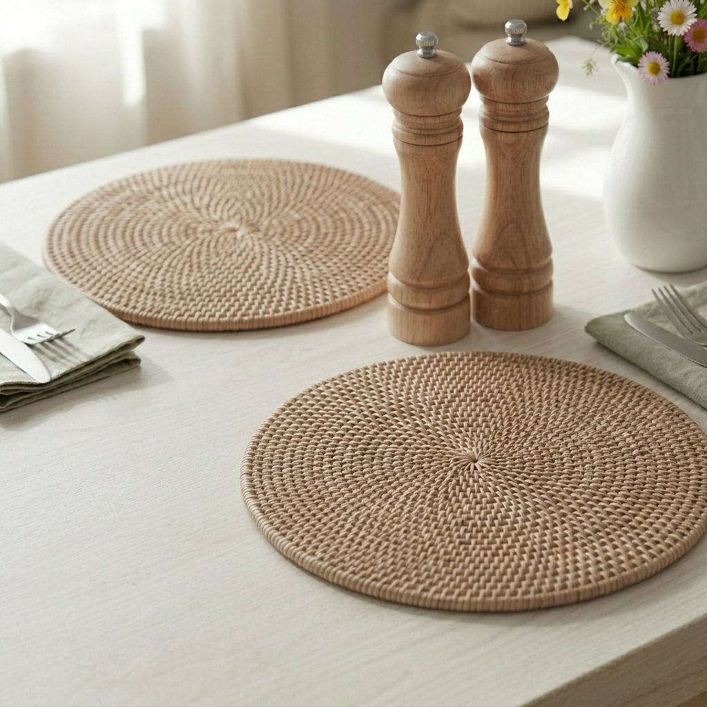 Pair of round rattan placemats from Shabbyquins, showcasing woven wicker design for rustic home decor accents.