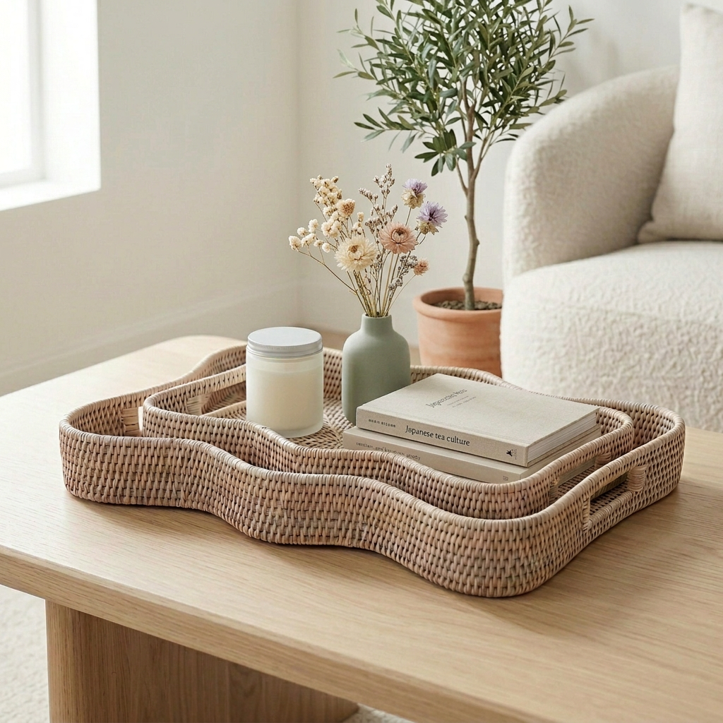 Rectangular scalloped rattan basket tray by Shabbyquins with two size options, featuring a woven rattan design and scalloped edges.