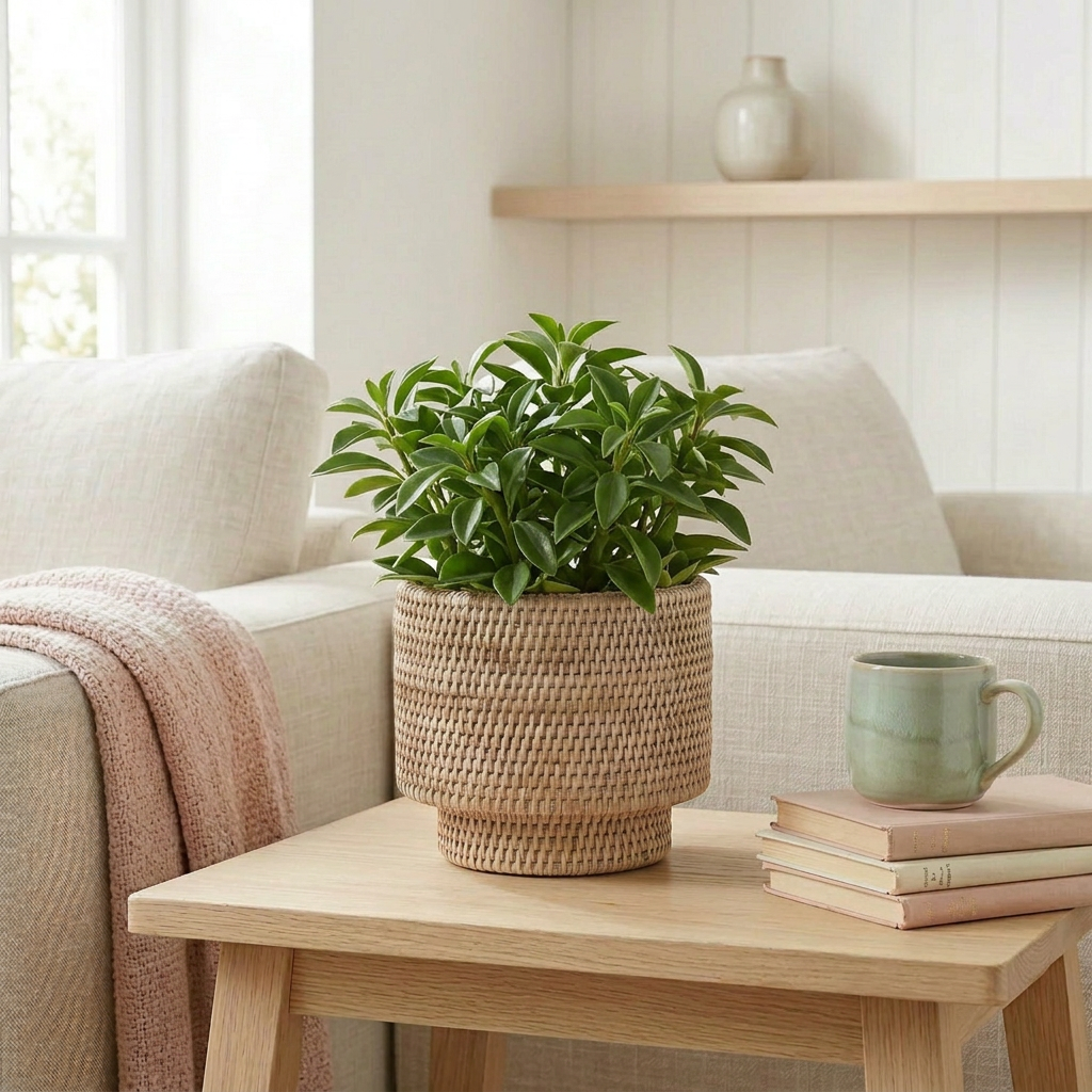 Small rattan indoor plant pot basket by Shabbyquins, featuring woven natural rattan material for home decor or plant display.