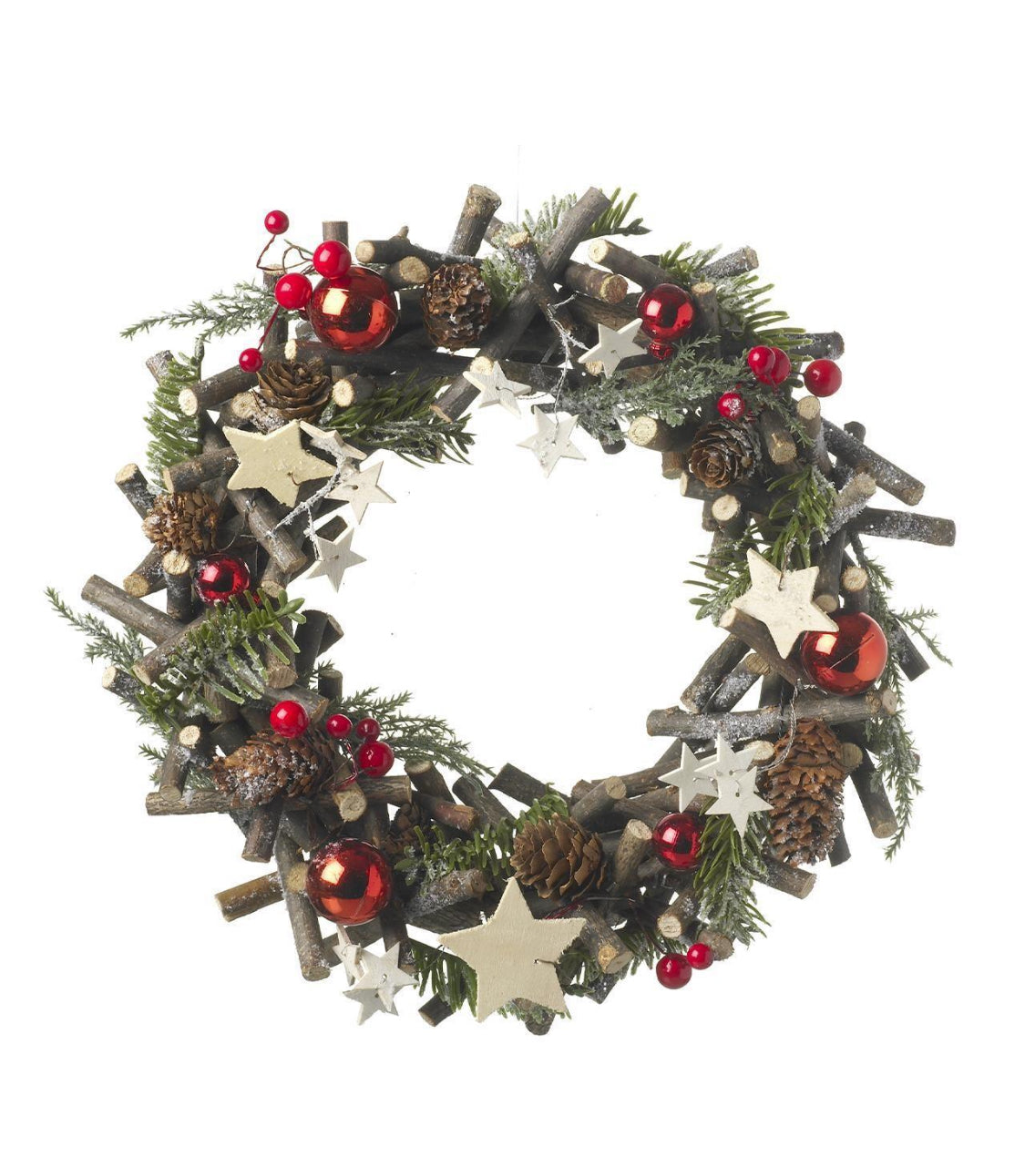 Large round Christmas wreath with red and woodland white star decorations, ideal for holiday seasonal decor by Shabbyquins.