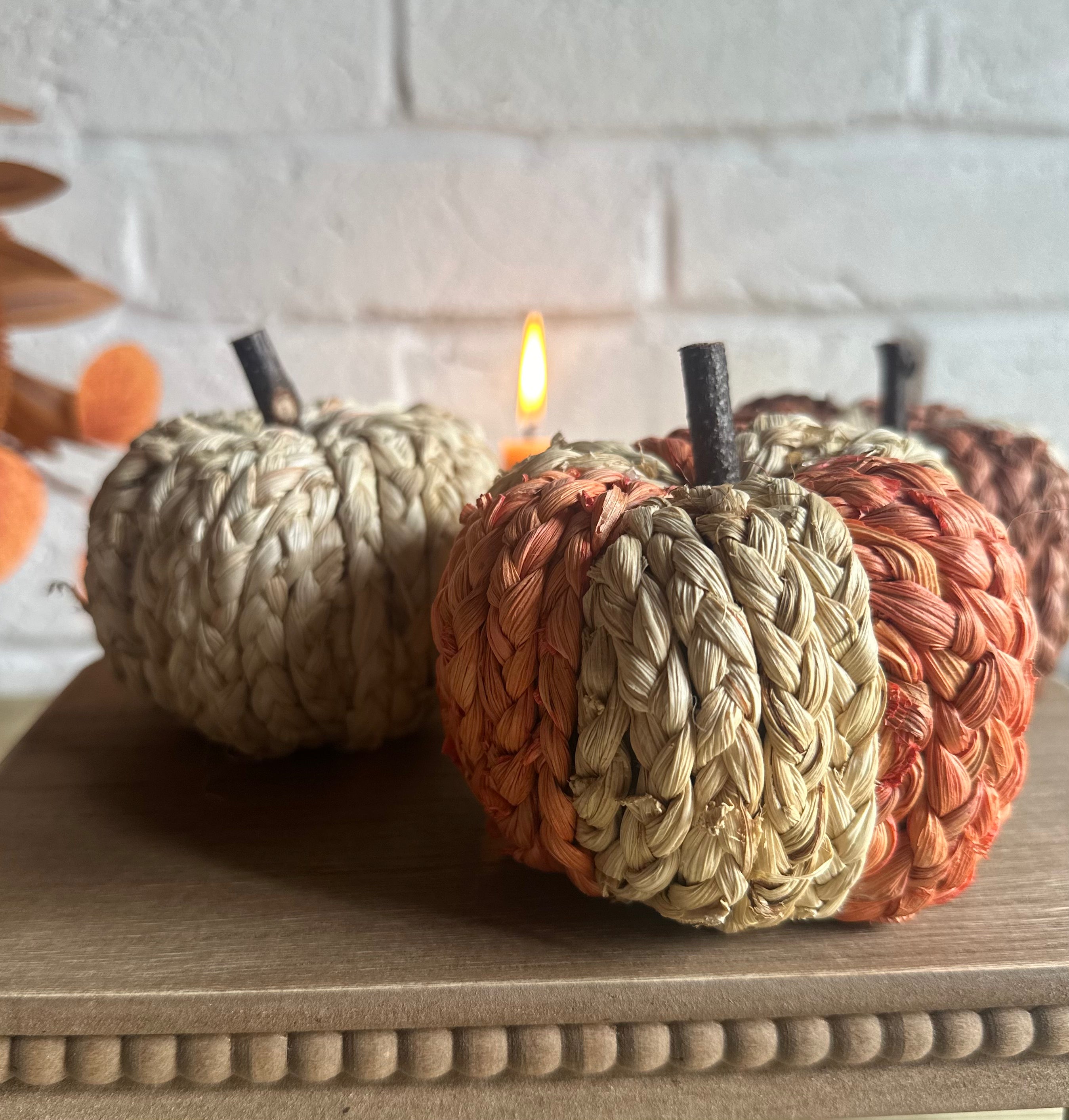 Set of 3 small raffia Halloween pumpkins in two color options, perfect for seasonal home decor by Sable Homeware.