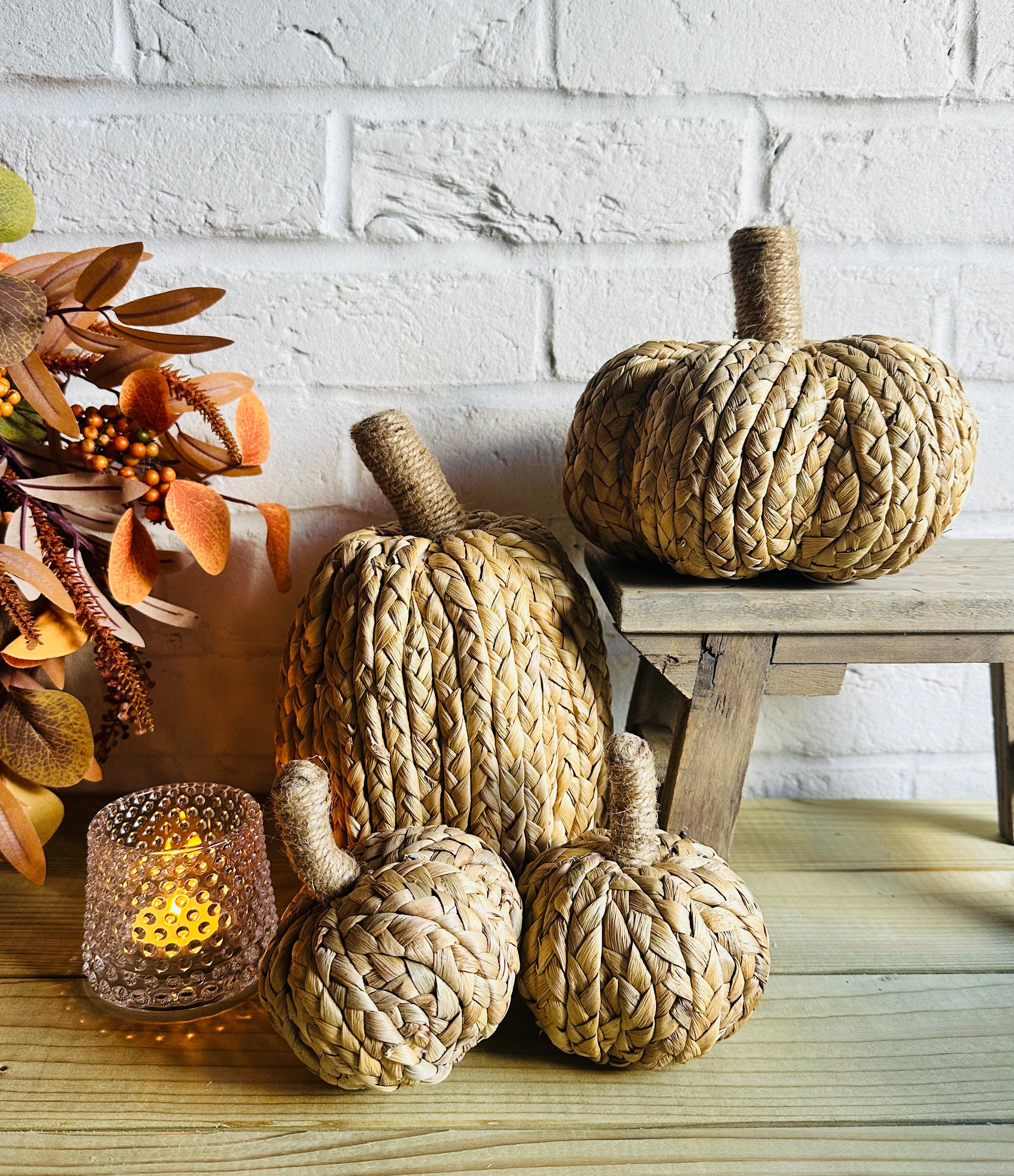 Natural knitted raffia and hessian pumpkins for Halloween, handcrafted decorative pumpkins by Sable Homeware.