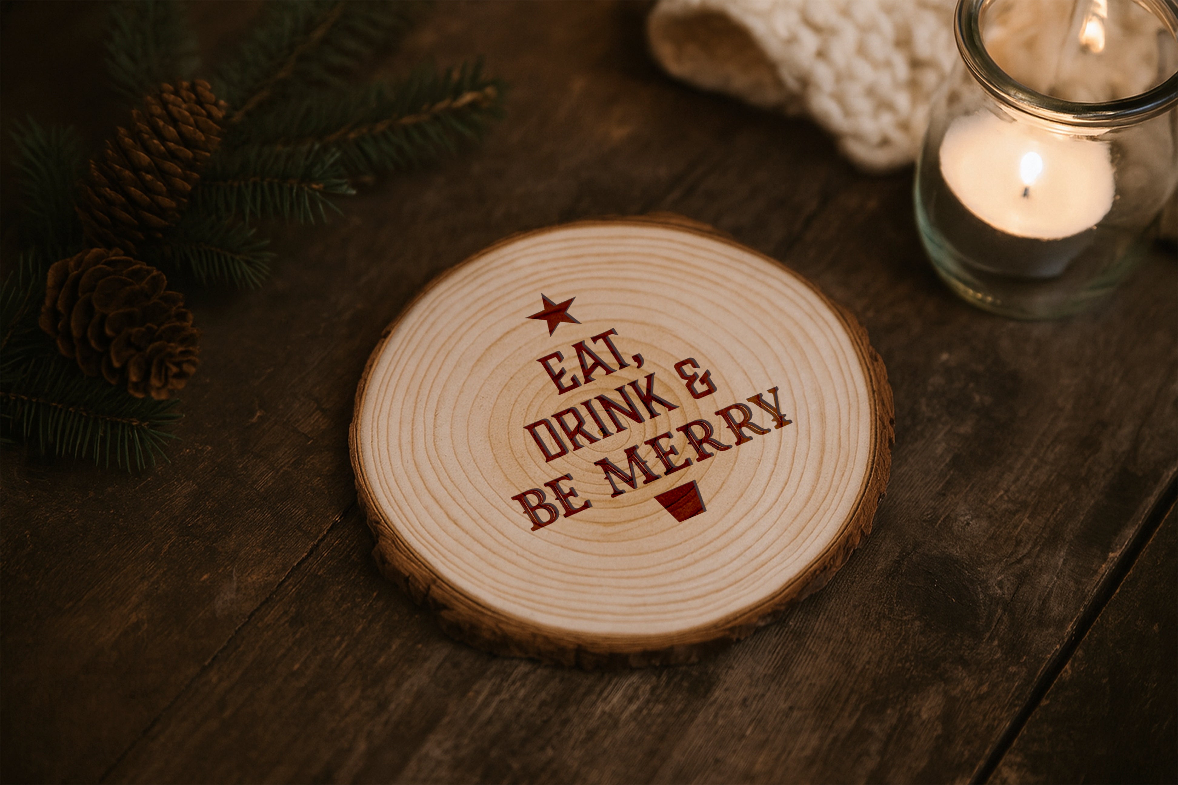 Eat Drink And Be Merry Christmas Natural Log Slice Coaster