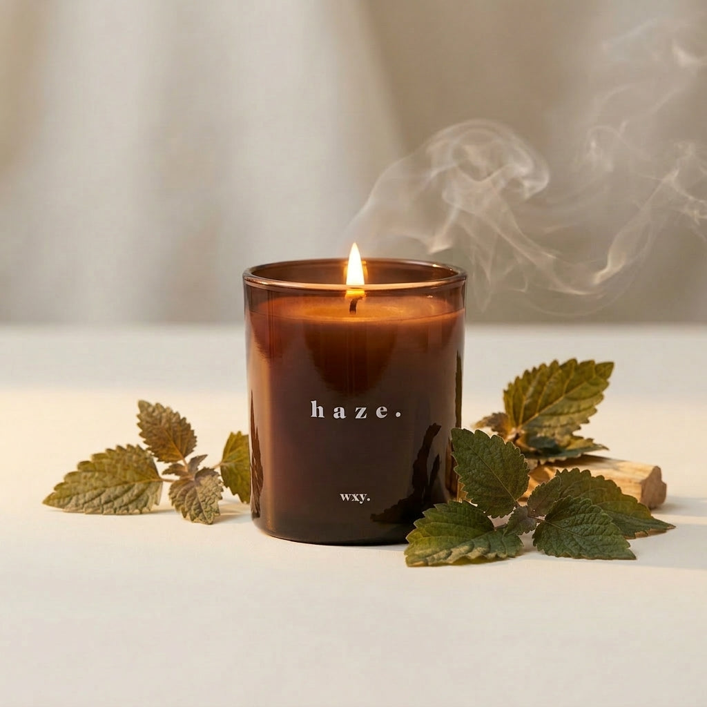 Sable Homeware Haze Patchouli & Hemp Wxy Deluxe Candle with a serene, calming design and earthy tones.