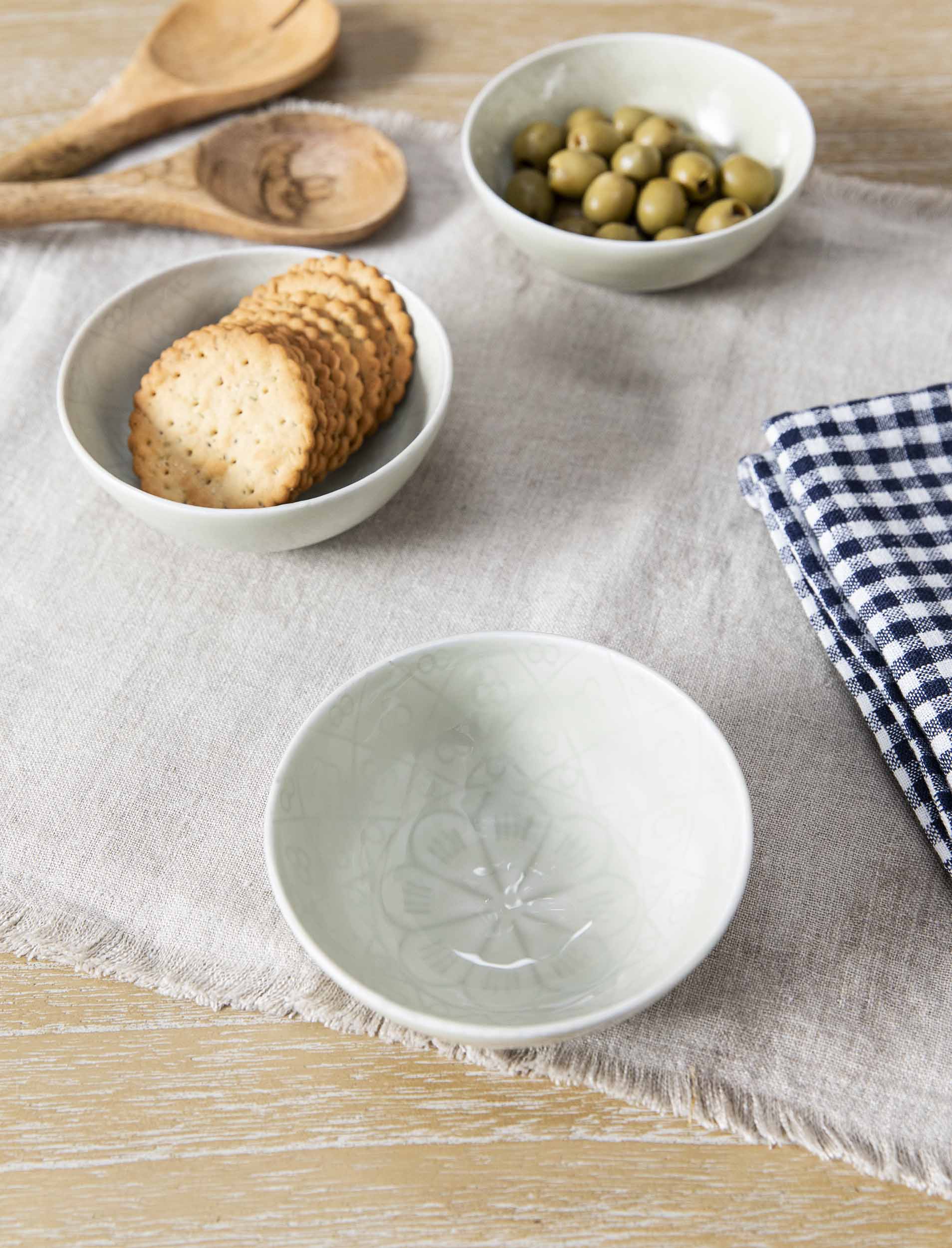 Set of three Fiskardo Nibble Bowls by Sable Homeware in earthy clay, featuring smooth, rounded ceramic bowls ideal for snacks or small servings.
