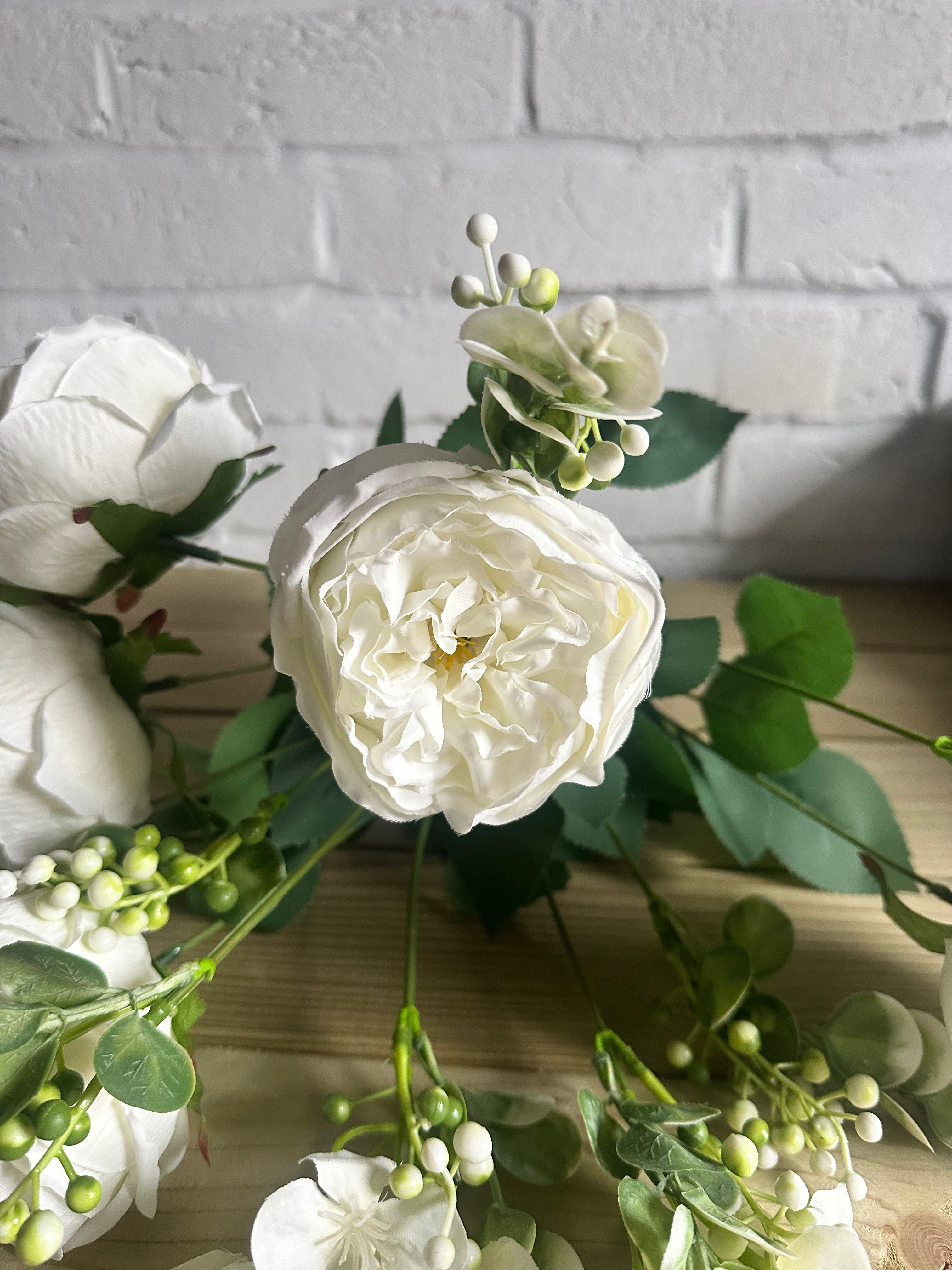 Faux white roses and foliage spray by Sable Homeware, realistic floral arrangement with white roses and greenery