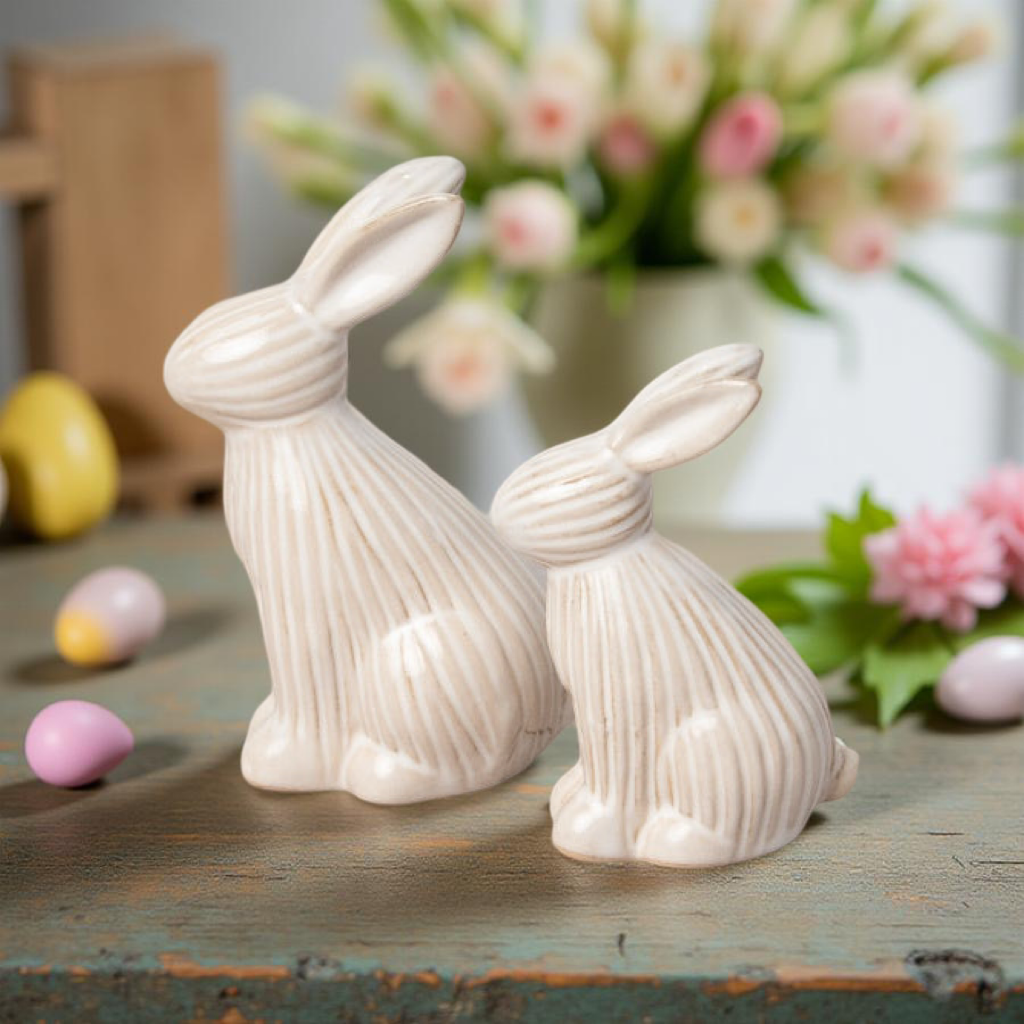 Set of 2 ribbed Easter Bunny ornaments by Shabbyquins featuring textured, festive bunny figures suitable for holiday decor.