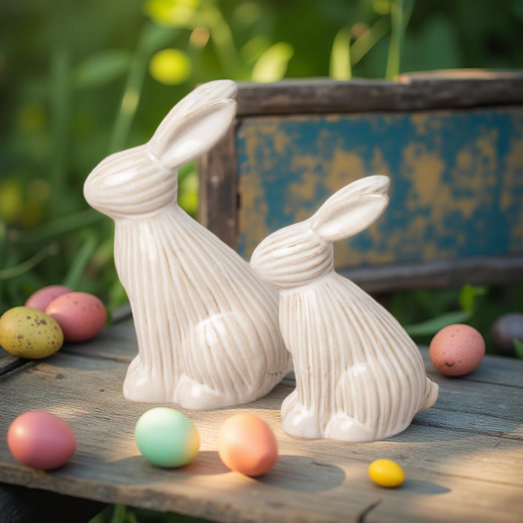 Set of 2 ribbed Easter Bunny ornaments by Sable Homeware, featuring textured design and festive holiday decoration.