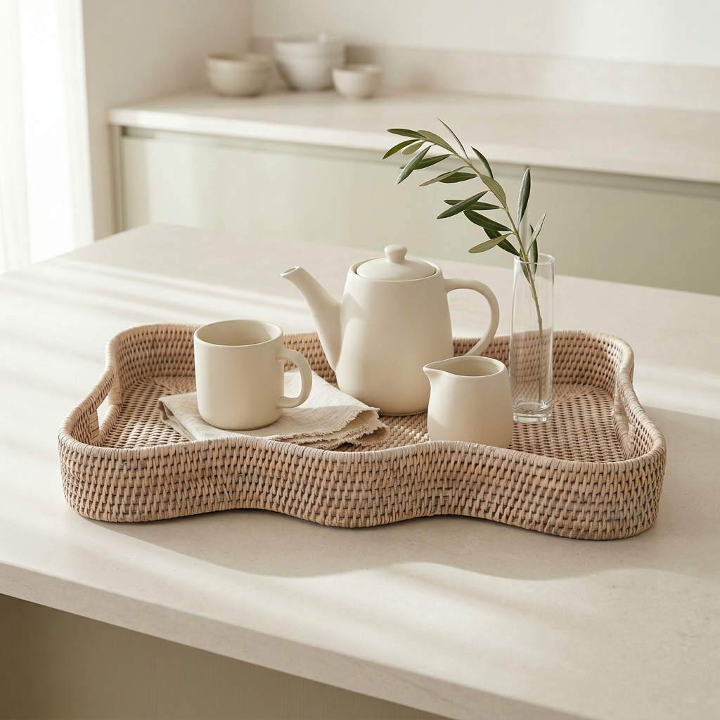 Rectangular scalloped rattan basket from Shabbyquins, showcasing its woven texture and decorative scalloped edges in two sizes.