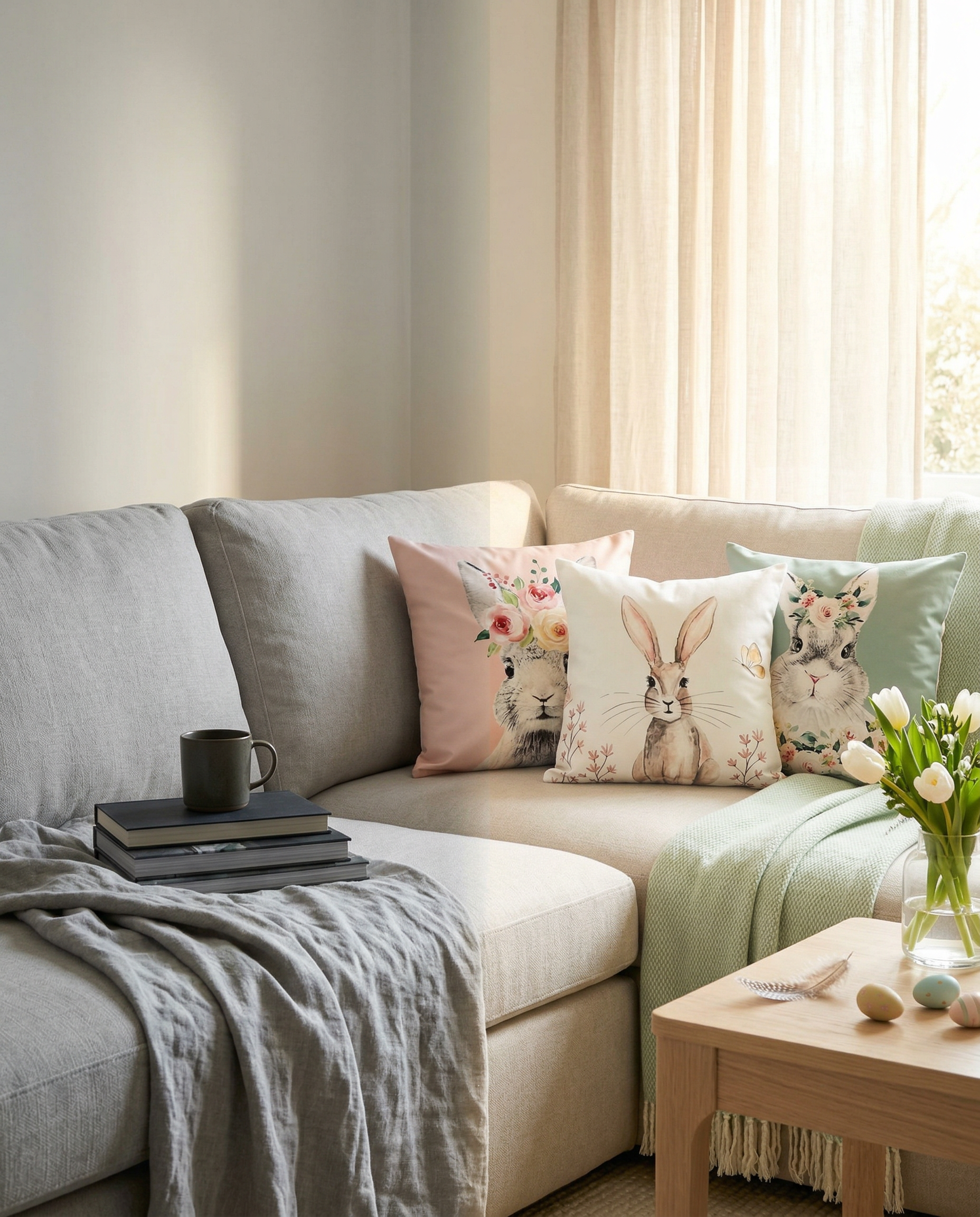 Shabbyquins Easter Bunny Cushion with three styles, soft plush cushions featuring cute bunny designs for spring home decor.