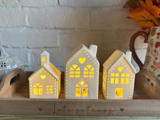 Shabbyquins LED Village featuring three charming Chinese-themed lighted village designs, perfect for holiday decor.