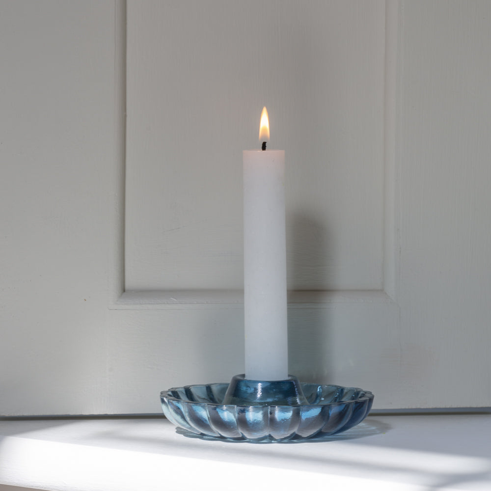 Sable Homeware scallop candleholder in three colors, decorative candle holder with scalloped design on a wooden surface