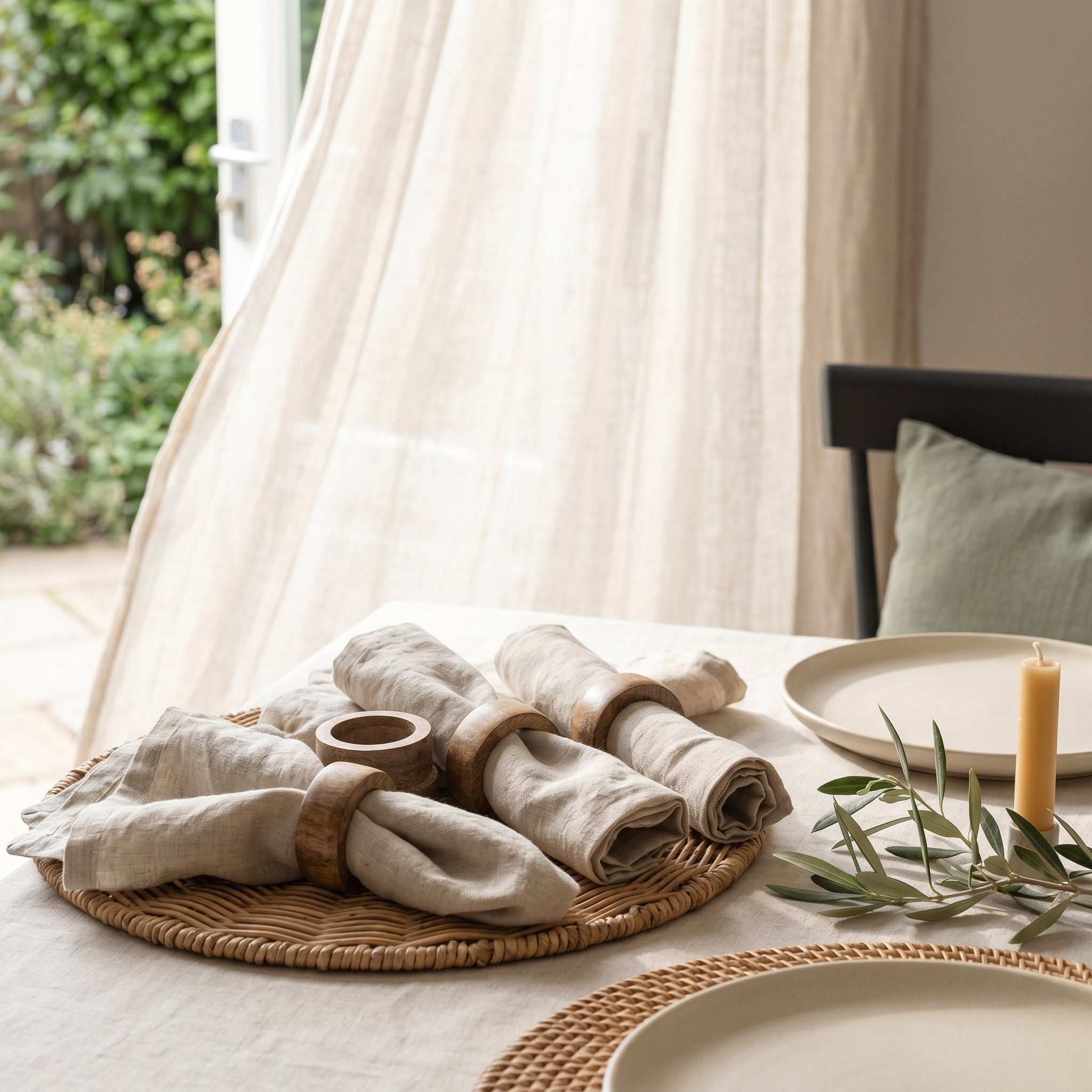 Set of four Midford mango wood napkin rings by Sable Homeware, stylish table accessories for elegant dining settings.