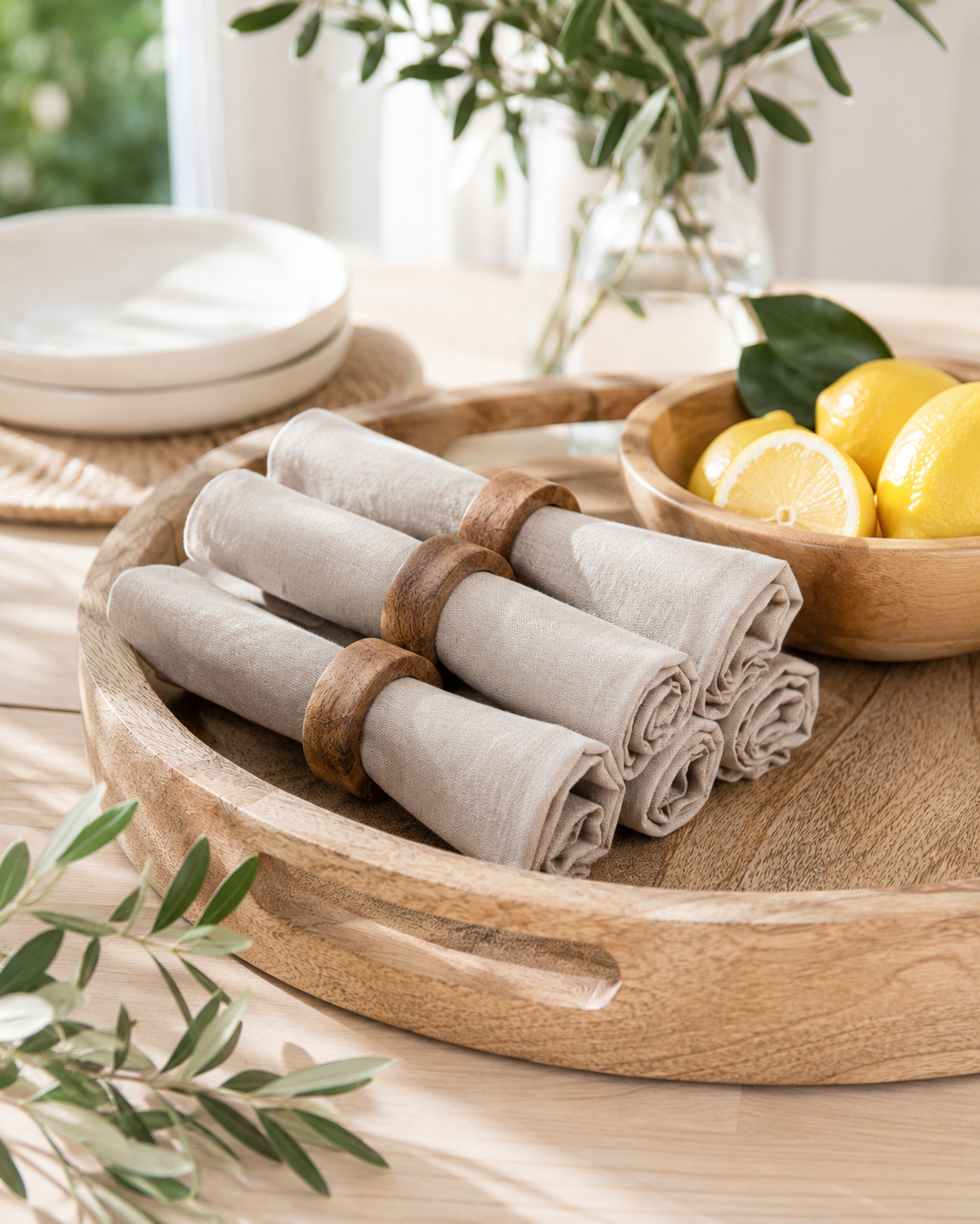 The Midford Table Set — mango wood tray, linen napkins and napkin rings styled together on a summer table