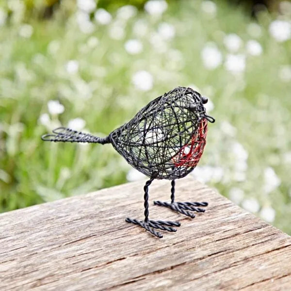 Set of two Sable Homeware wire robin garden ornaments with red breast, decorative metal bird figures for outdoor decor.