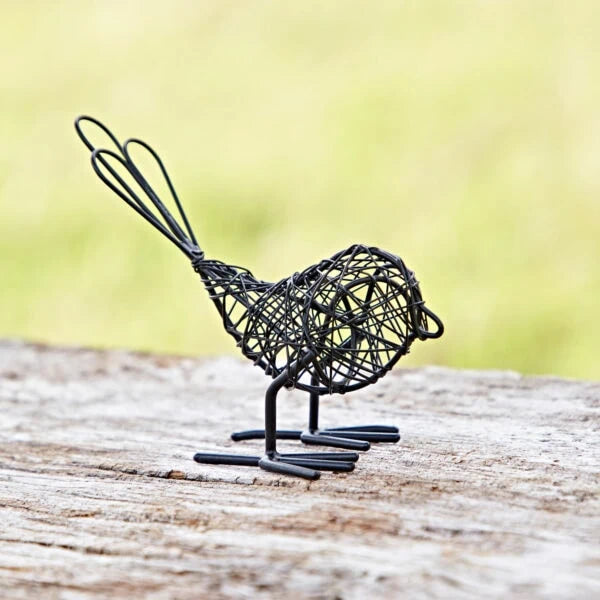 Set of three Sable Homeware mini wire bird ornaments for garden decor, featuring delicate wire craftsmanship and charming bird designs.