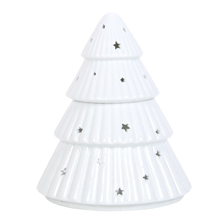Pink or white Christmas tree-shaped oil burner for Halloween decor by Sable Homeware, featuring festive holiday design.