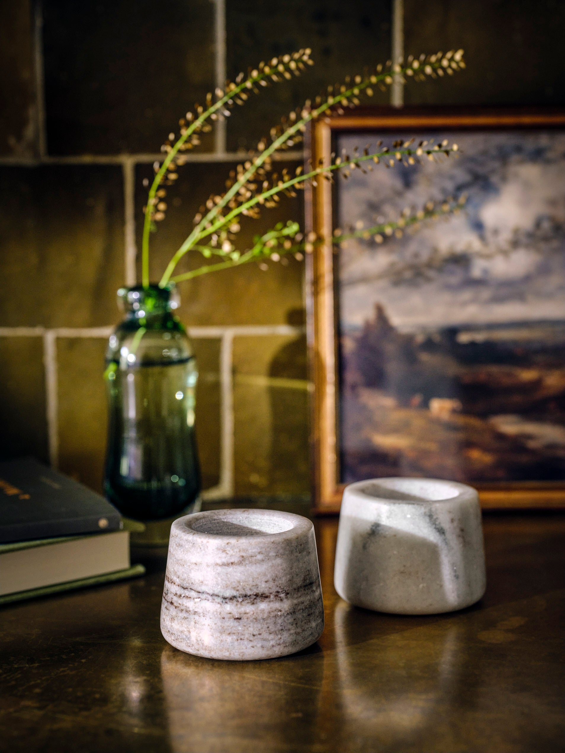 Set of two Osney Marble Tealight Holders featuring neutral stone design by Sable Homeware, ideal for decorative candle display.