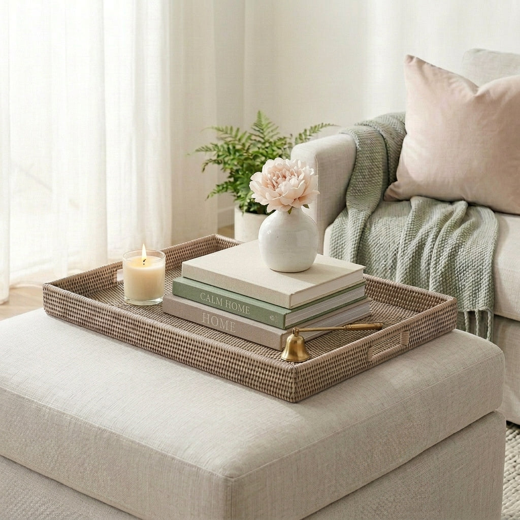 Grey rattan ottoman tray from Sable Homeware, designed for stylish home organization and decorative serving.
