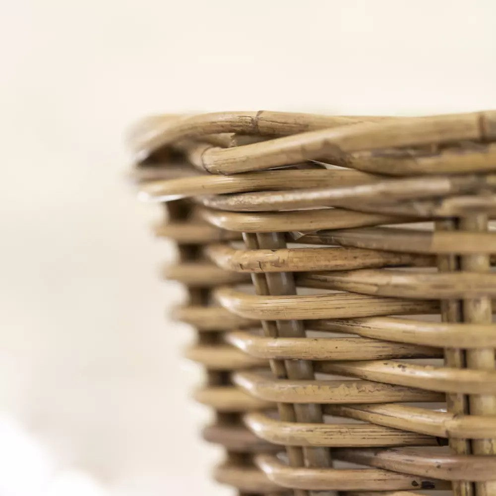 Small round planter with grey and buff rattan wicker, ideal for indoor plants, by Sable Homeware.