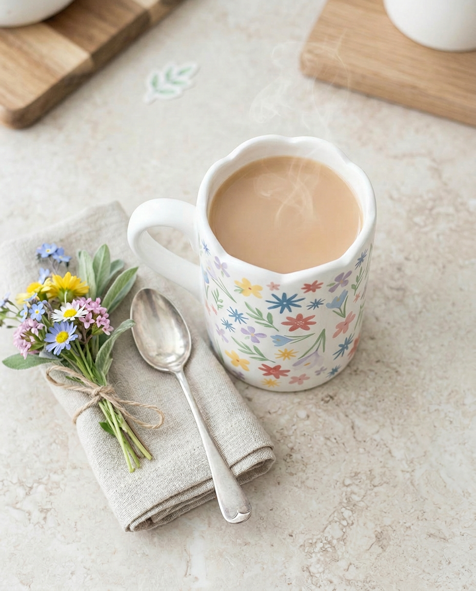 Floral print scalloped mug by Shabbyquins featuring vibrant spring flowers and a decorative edge.