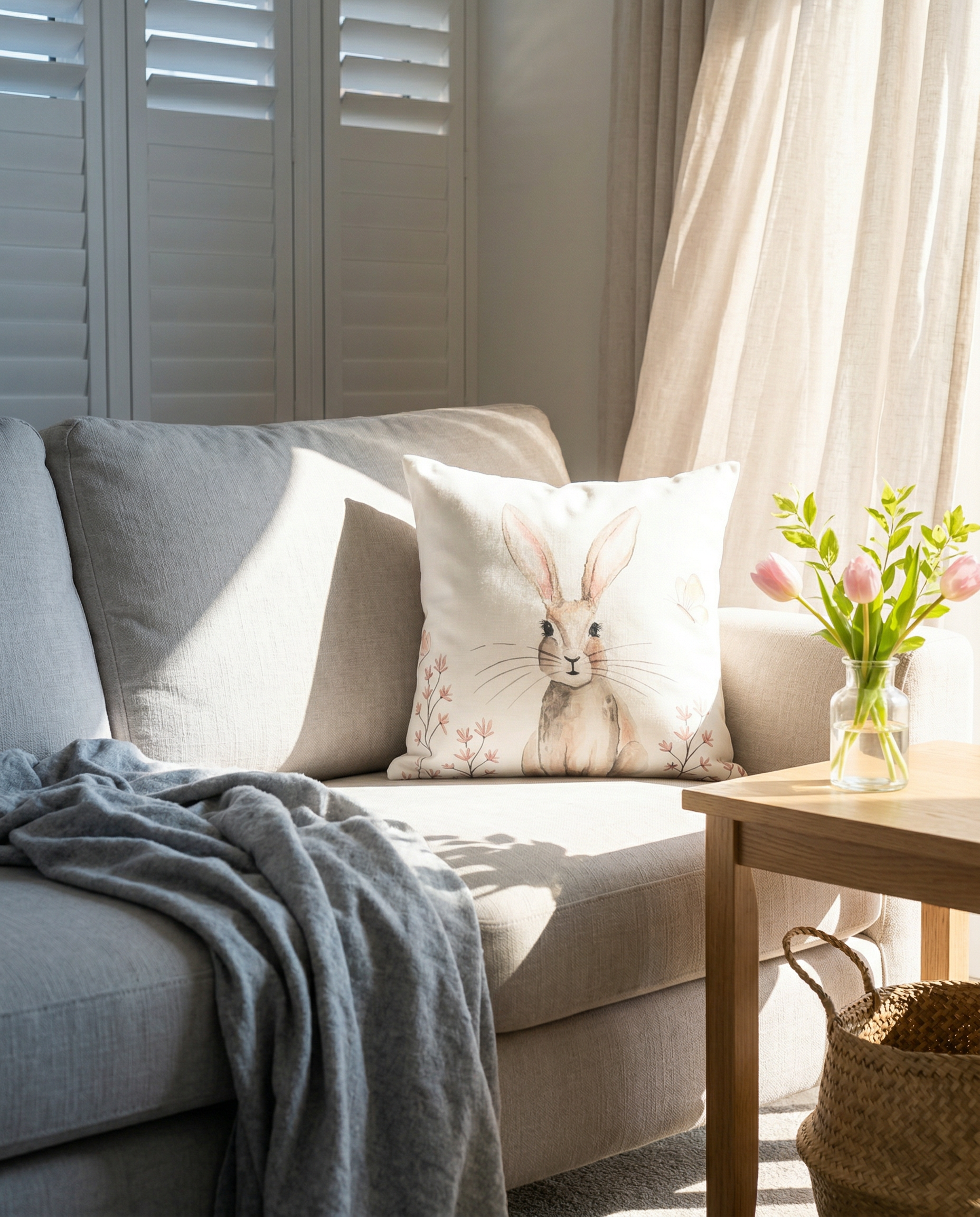 Shabbyquins Easter Bunny Cushion in three styles, soft plush cushions featuring adorable bunny designs for spring decor.