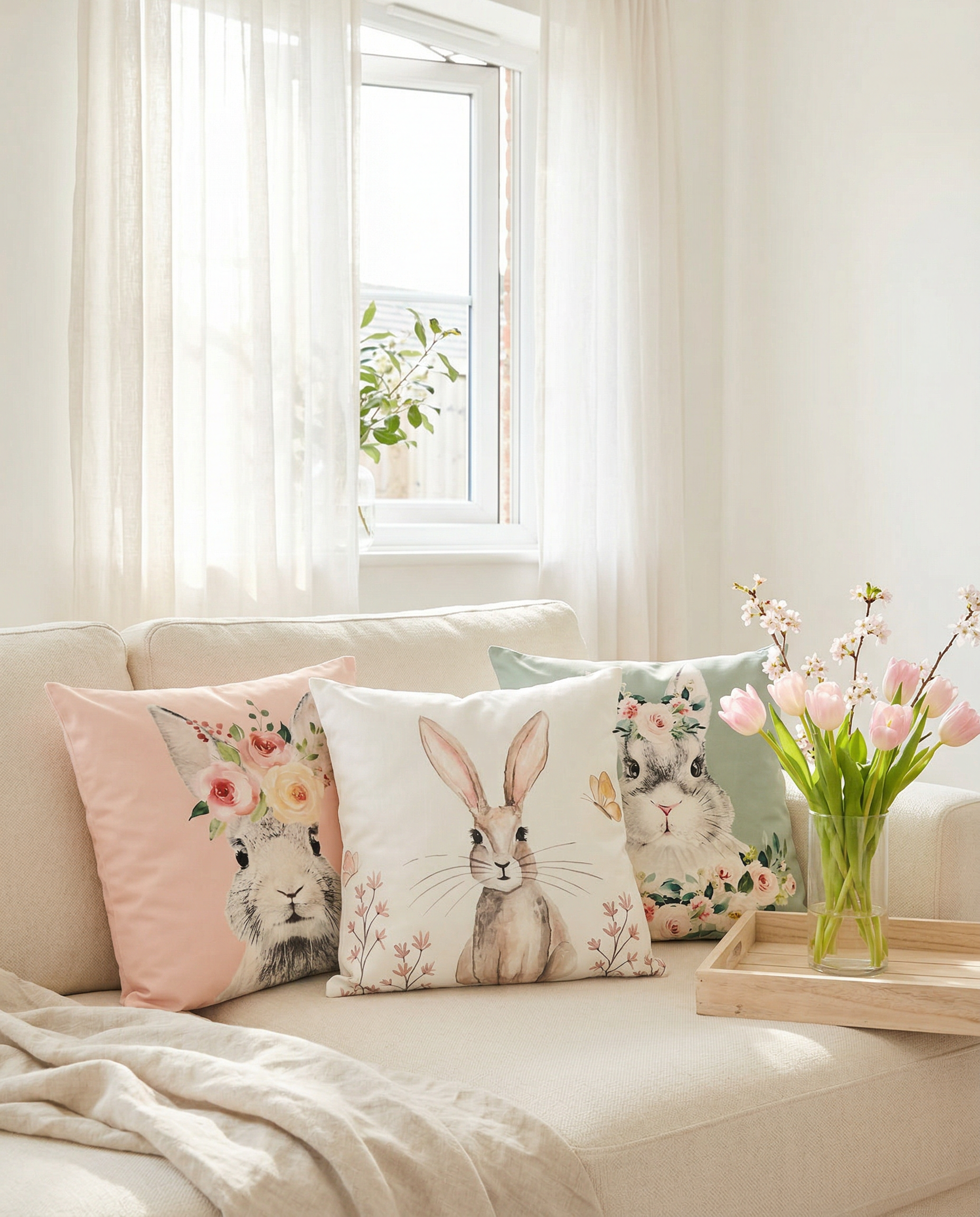 Shabbyquins Easter Bunny Cushion in three styles, soft plush fabric, perfect for spring home decor or Easter celebrations.