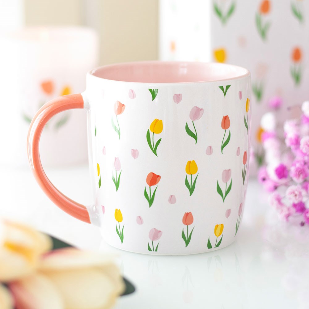 Shabbyquins tulip print spring mug with colorful tulip design on white ceramic, perfect for springtime beverages.