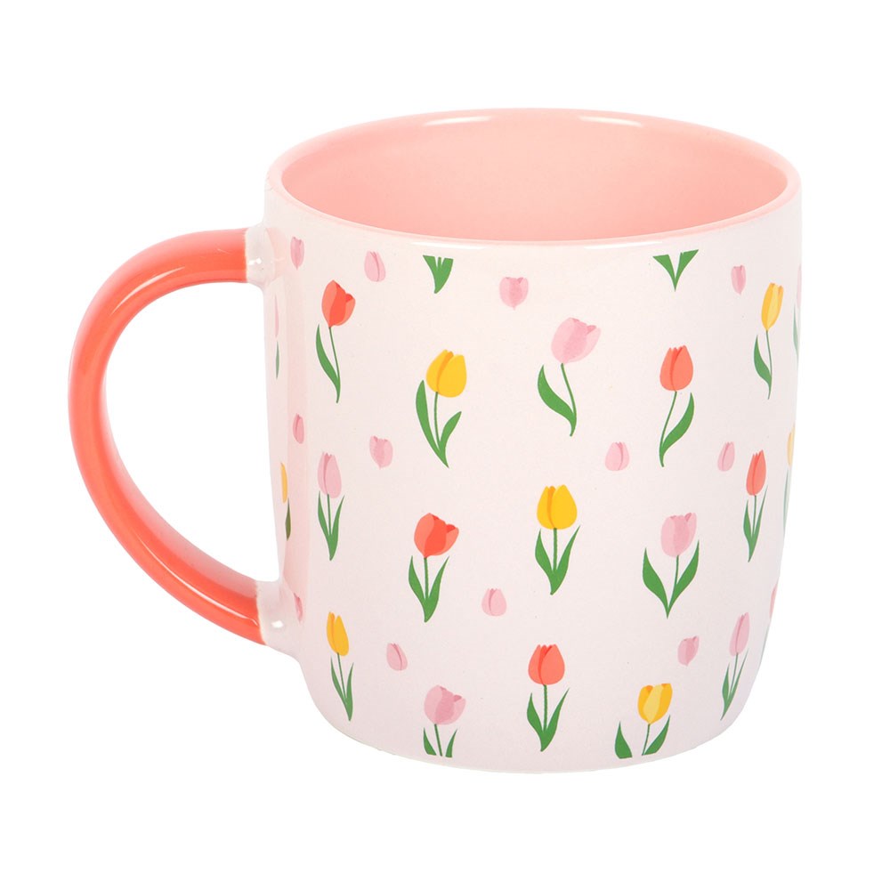 Shabbyquins tulip print spring mug with colorful tulip design and curved handle, perfect for springtime tea or coffee.