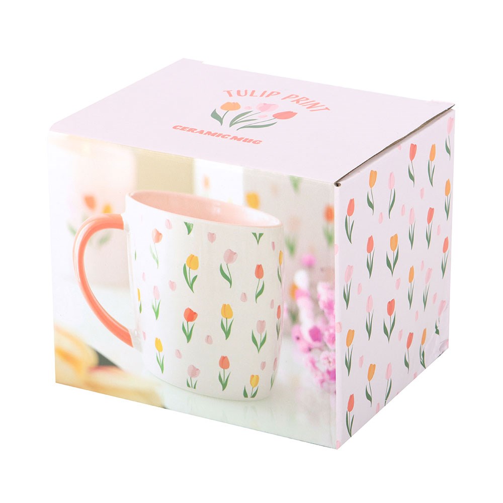 Sable Homeware tulip print spring mug with colorful tulip design on white ceramic, ideal for hot beverages.
