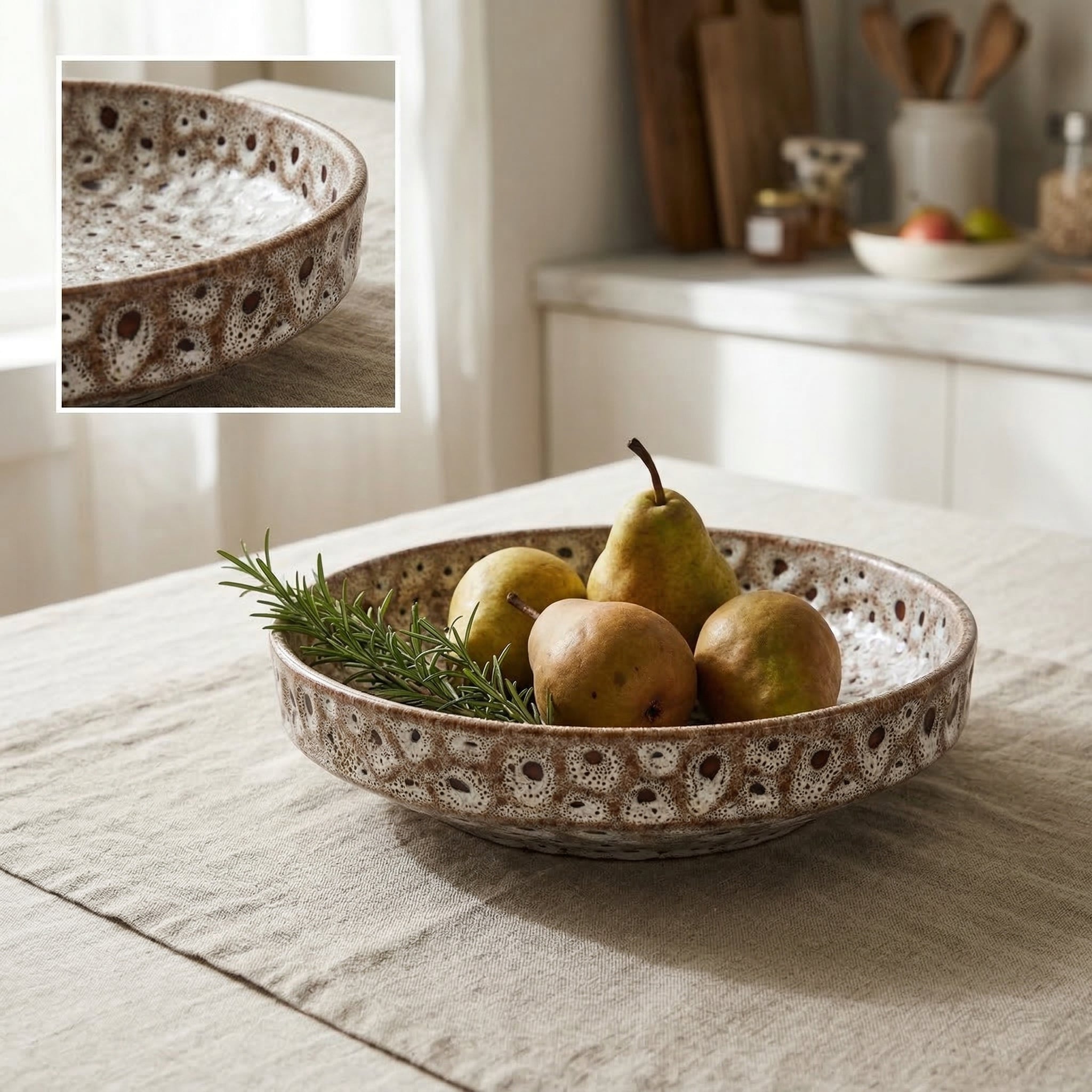 Shabbyquins Stoneware brown speckled crater saucer bowl used as a decorative vase with a textured, earthy appearance.
