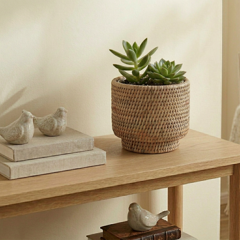 Small rattan indoor plant pot basket by Shabbyquins, with a woven rattan design perfect for home greenery display.