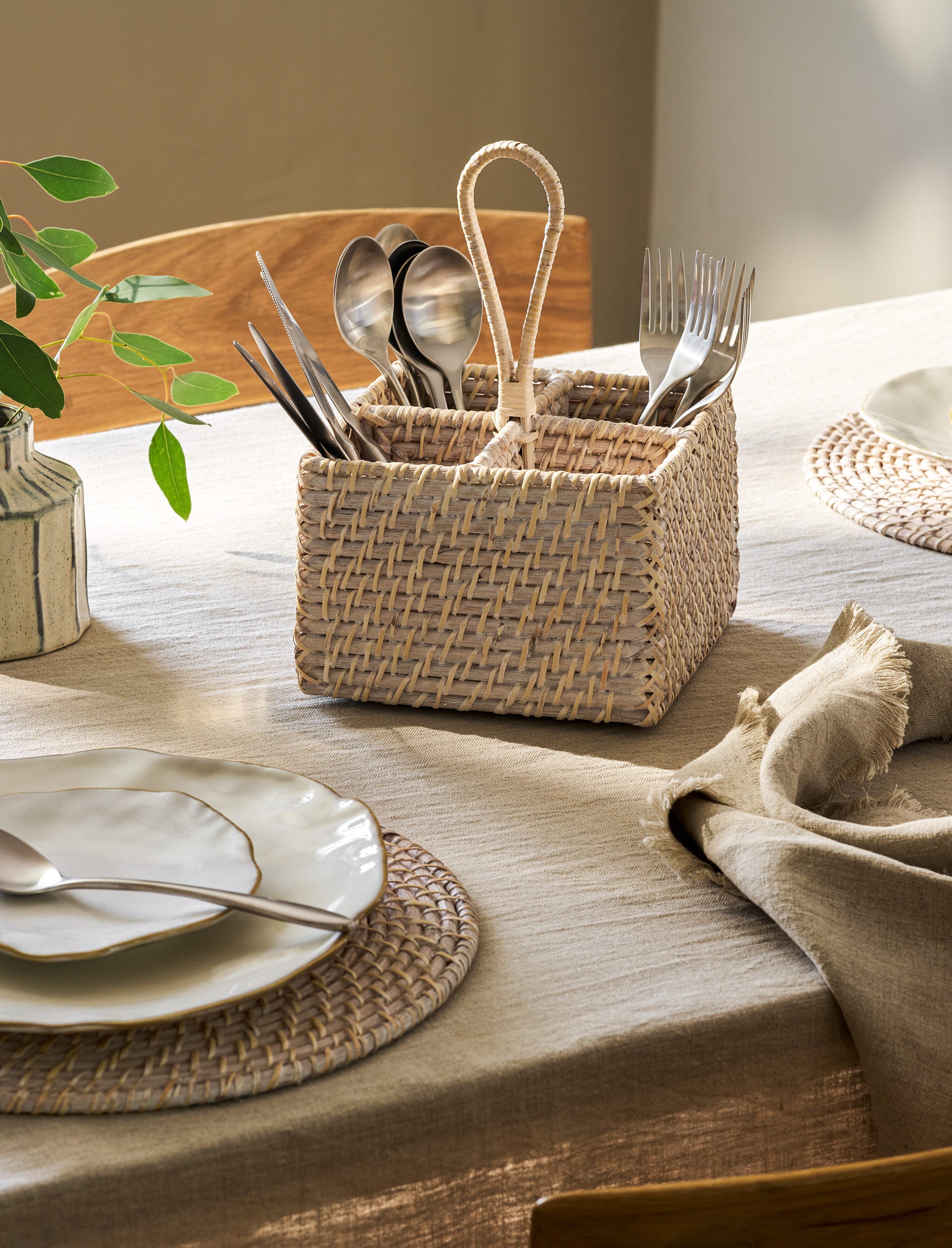 White rattan Wittering cutlery caddy by Sable Homeware, ideal for organizing utensils in kitchen accessories.