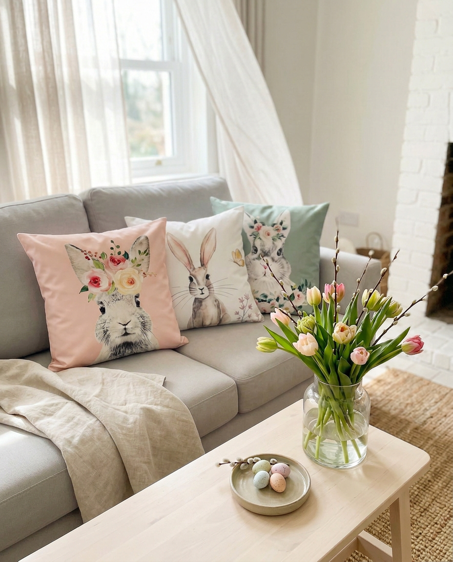 Shabbyquins Easter Bunny Cushion in three styles, featuring soft fabric and spring-themed designs for cozy seasonal decor.