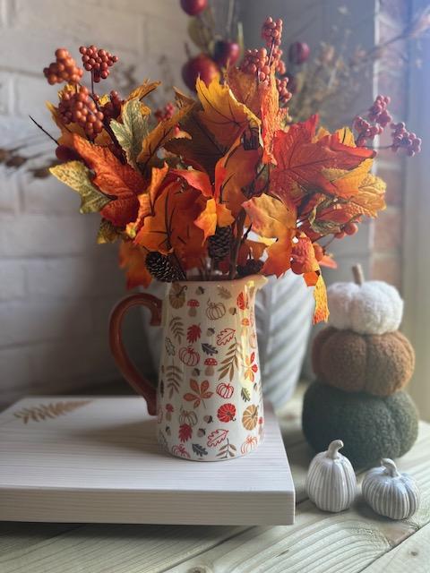 Sable Homeware reactive glazed pumpkin ornament with autumn leaves, perfect for fall decor or seasonal display.