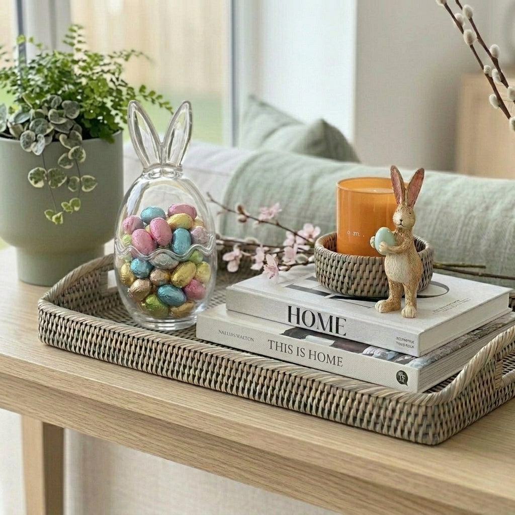 Grey and natural rattan wine bottle coaster by Sable Homeware, featuring a woven design to protect surfaces from wine bottles.