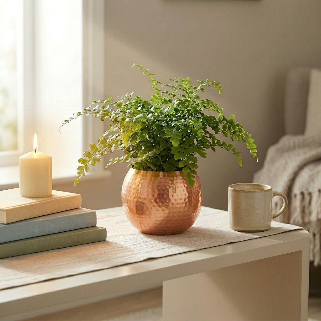 Close-up of Sable Homeware hammered copper iron round planter with textured surface and smooth rounded edges.