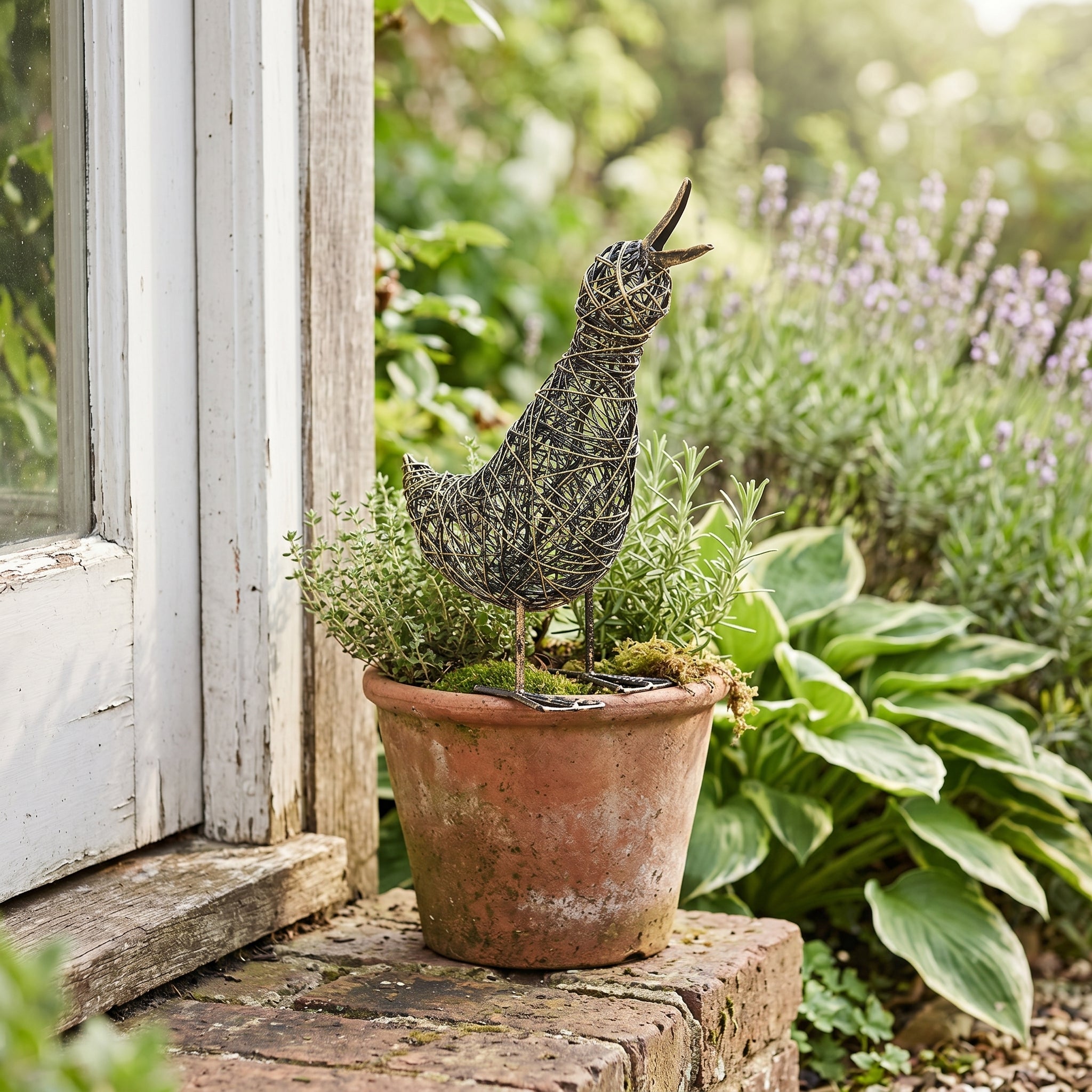 Small Slim Duck wire garden ornament by Sable Homeware, detailed metal sculpture for outdoor decoration.
