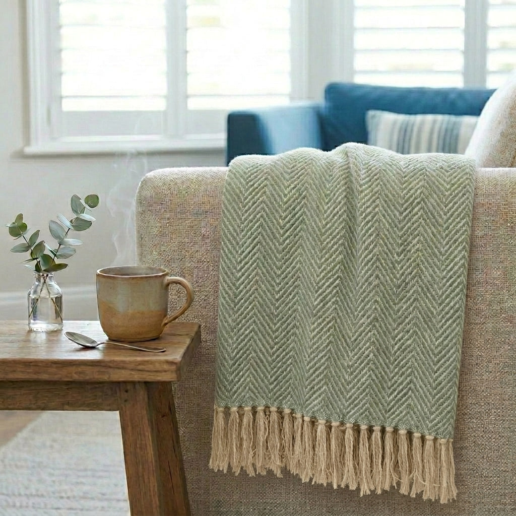 Green Chevron Recycled Cotton Throw blanket by Sable Homeware, showcasing a stylish pattern and soft textured fabric.