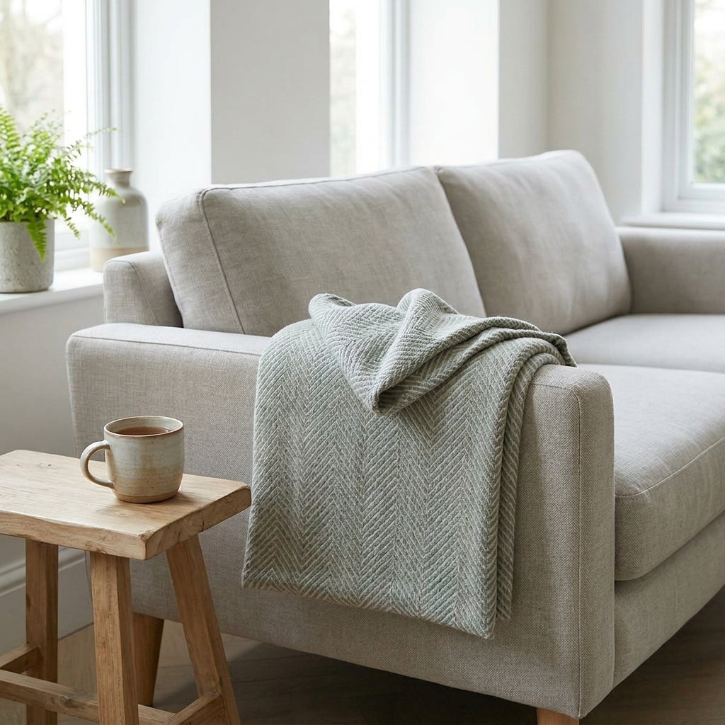 Gray Chevron Recycled Cotton Throw by Sable Homeware, showing a cozy, patterned cotton throw blanket on a neutral background.