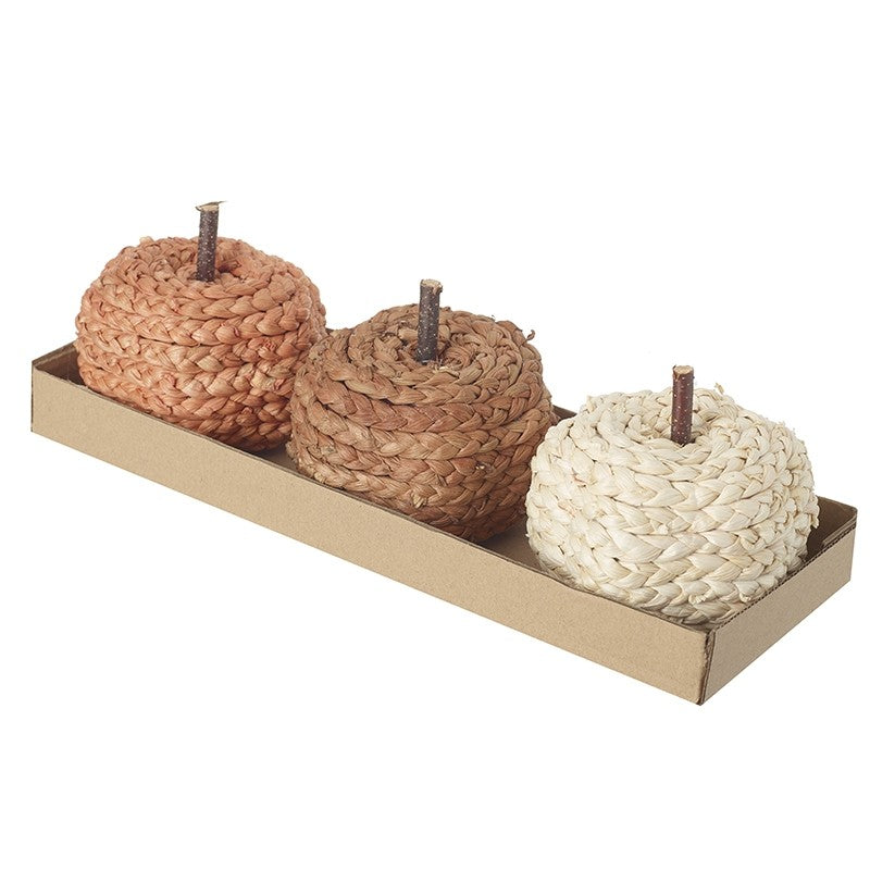 Set of 3 small raffia pumpkins for Halloween in two color options, displayed together as festive fall decorations by Sable Homeware.